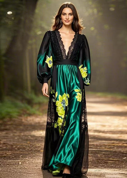 Black Print Pockets Patchwork Silk Long Dresses Spring