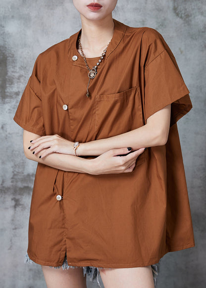 Unique Caramel Asymmetrical Oversized Cotton Shirt Tops Summer