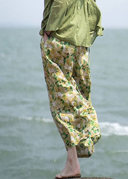 Green Print Tie Waist Linen Wide Leg Pants Summer