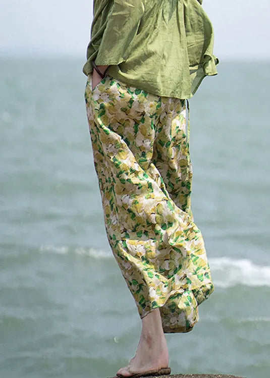 Green Print Tie Waist Linen Wide Leg Pants Summer