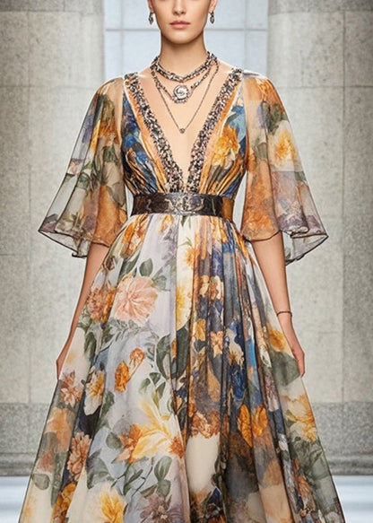 Black Print Chiffon Beach Dress Deep-v Neck Cinched Summer