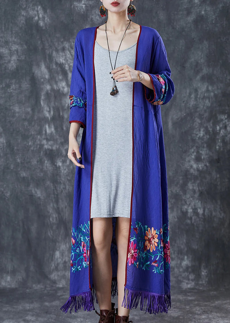 Blue Tasseled Embroidered Cotton Cardigan Fall