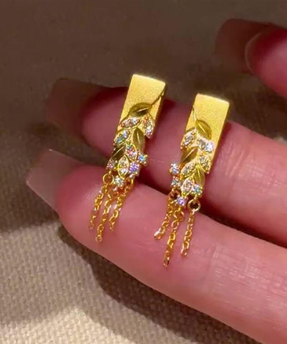 Classy Gold Sterling Silver Overgild Ear of Wheat Fallen Leaves Tassel Drop Earrings