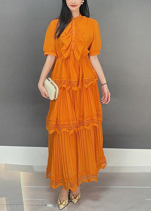 Orange Button Wrinkled Long Dress Summer