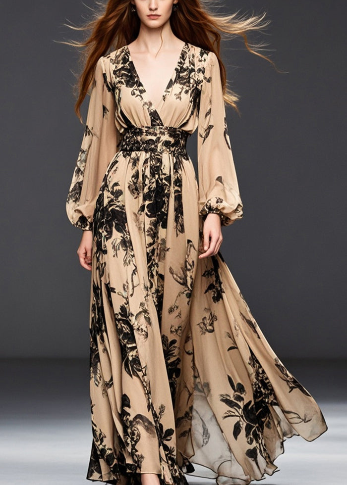 Khaki Cinched Print Chiffon Dresses Fall