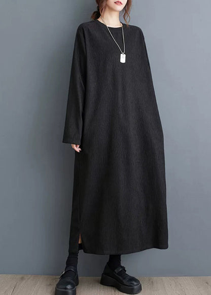 Simple Black O Neck Cotton Long Dress Fall