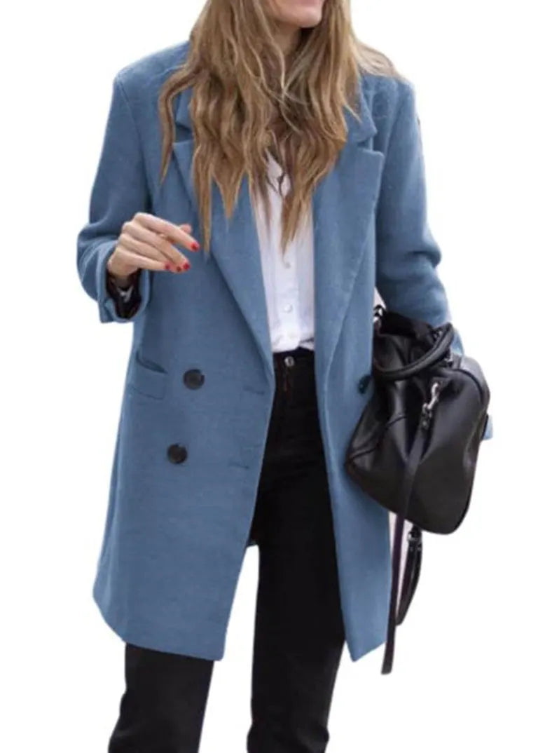 French Blue Peter Pan Collar Pockets Woolen Coats Fall