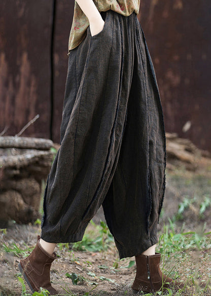 Coffee Pockets Patchwork Linen Crop Pants Summer