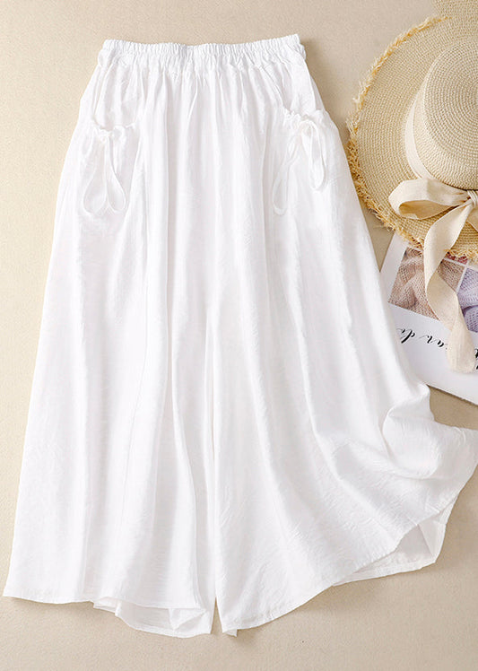 White Elastic Waist Pockets Cotton Wide Leg Pants Summer