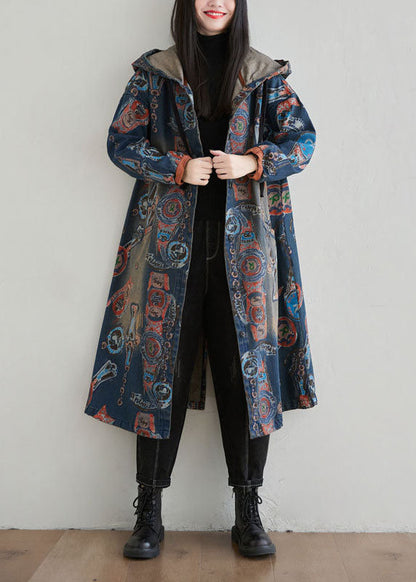 Navy Hooded Patchwork Print Denim Cardigan Spring