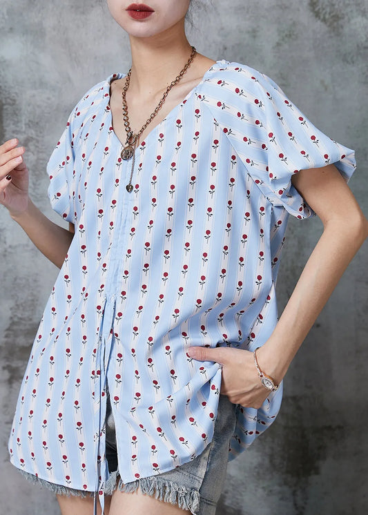 Art Sky Blue Print Drawstring Side Open Cotton Shirt Tops Summer