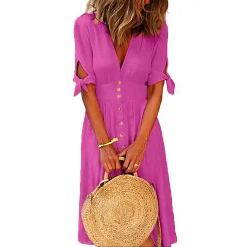 Color Deep V Neck Tied Half Sleeve Button Party Long Dress Summer Party Female Clothes Vestidos