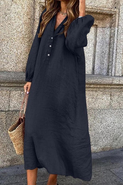 V Neck Single-breasted Cotton Linen Dress