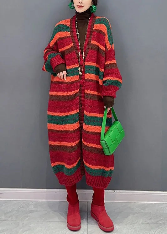 Red Striped V Neck Button Patchwork Knit Coat Fall