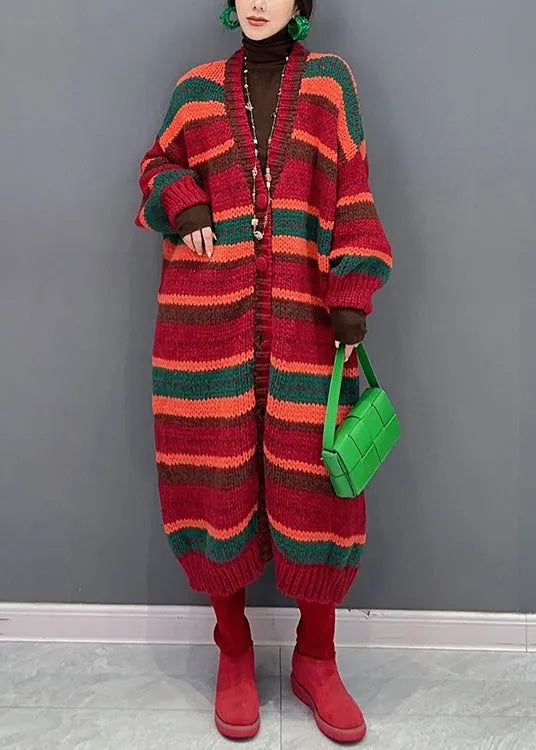Red Striped V Neck Button Patchwork Knit Coat Fall