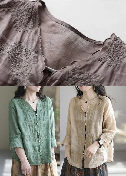 Aqua Green Patchwork Linen Shirt Embroidered Half Sleeve