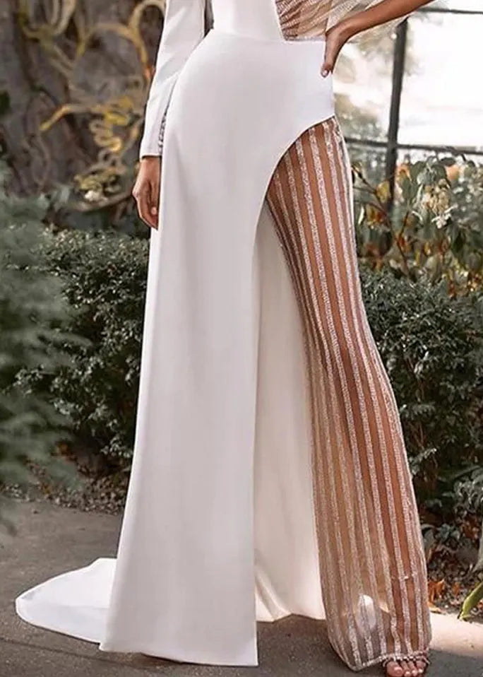 White Asymmetrical Striped Patchwork Maxi Dress Spring