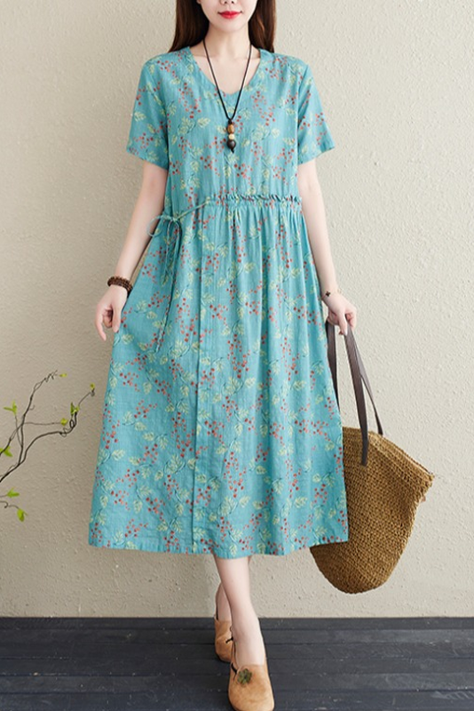 Summer Short Sleeve Printed Dress Neck A-line Dress