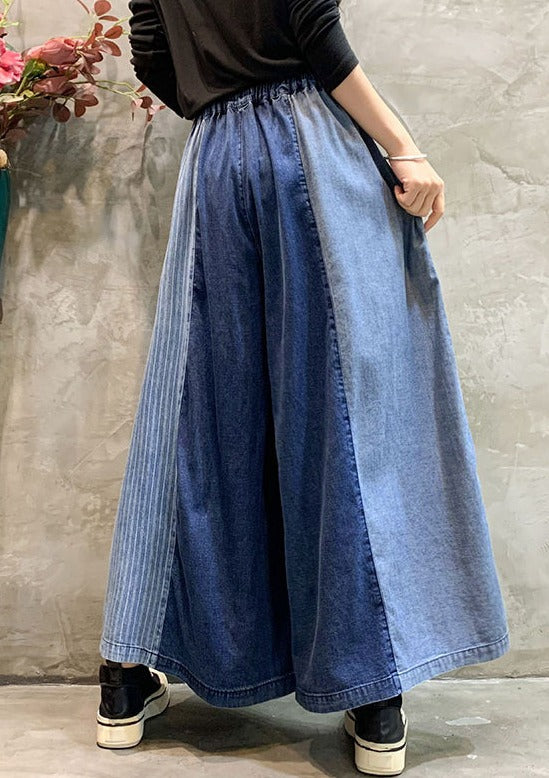 Drawstring Elasticity Plaid Split-joint Ninth Denim Pants