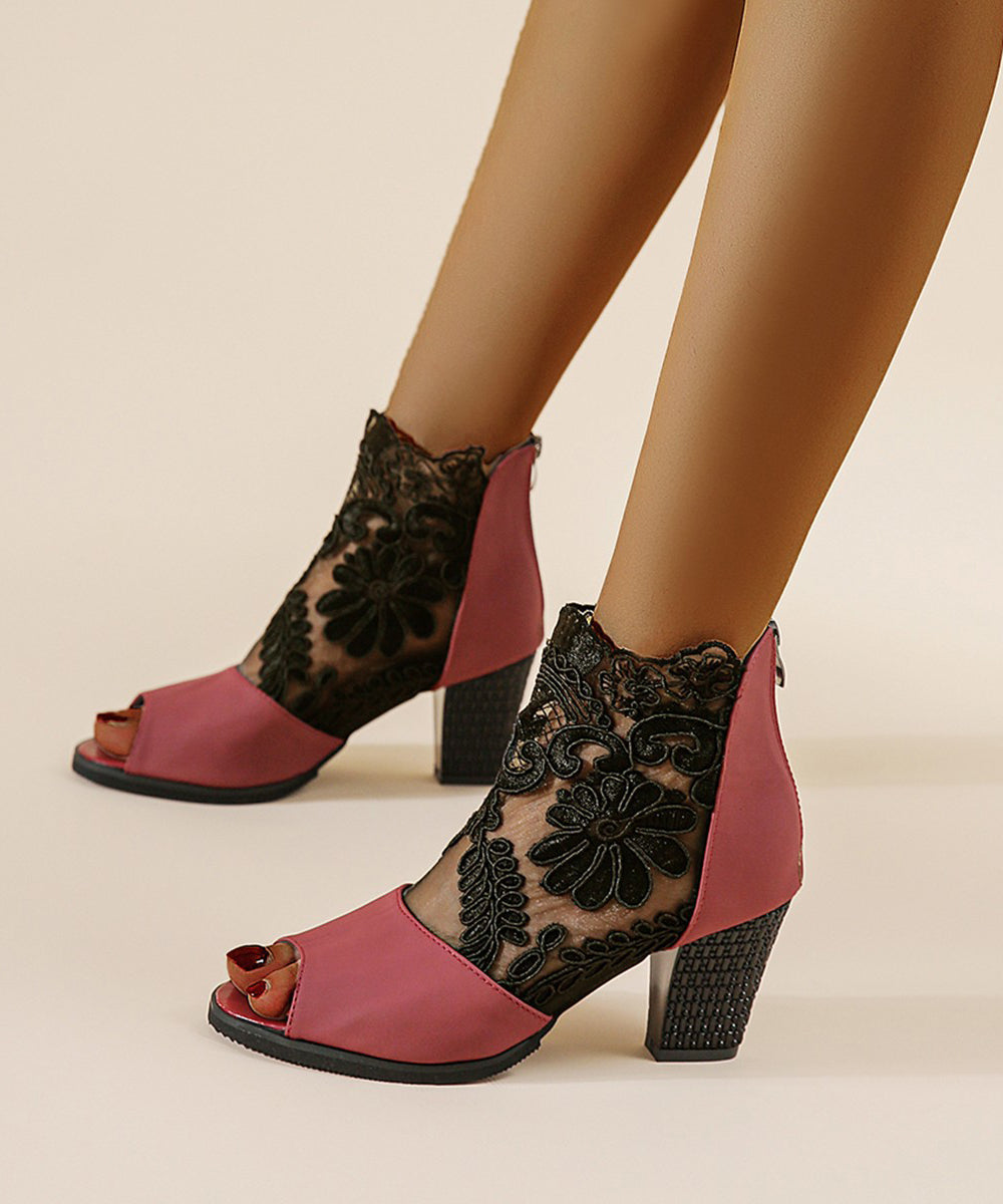 Stylish Black Faux Leather Boots Peep Toe Splicing Lace Tulle
