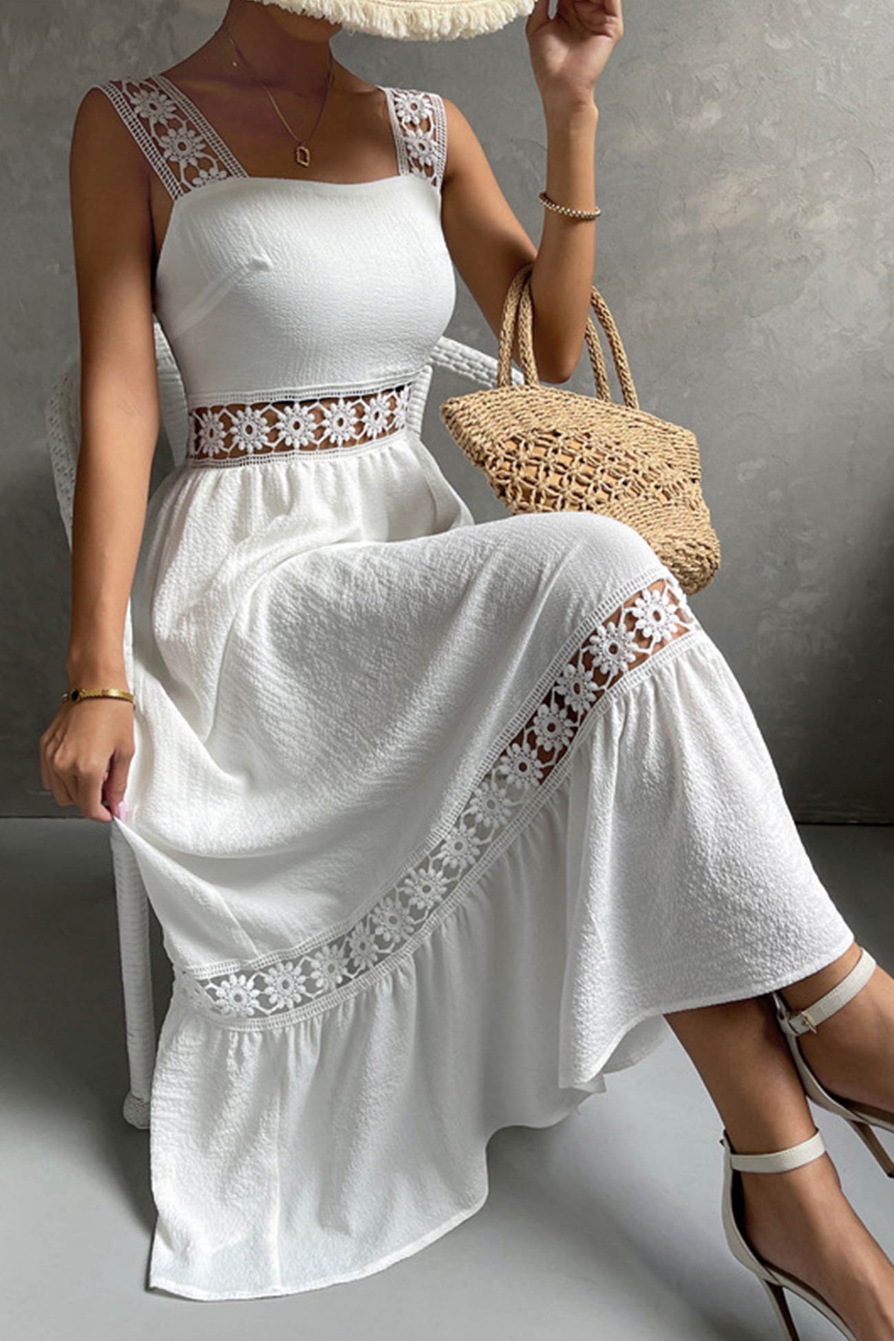 Jacquard Hollow Out Tiered Midi Dress