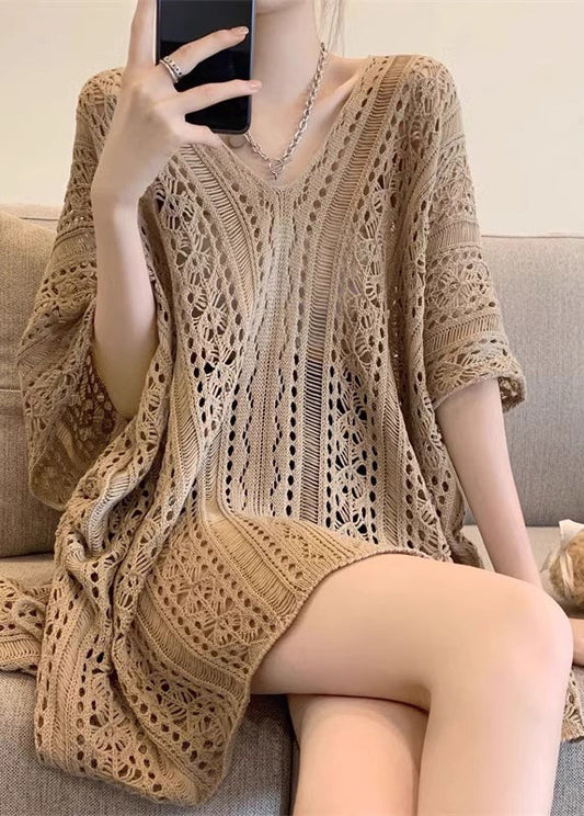 Khaki V Neck Hollow Out Knit Tops Half Sleeve