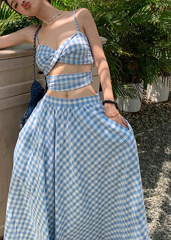 New Blue Plaid Suspended Tank Top High Waist Skirt Summer Set