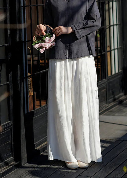 Simple White Elastic Waist Cotton Wide Leg Pants Summer