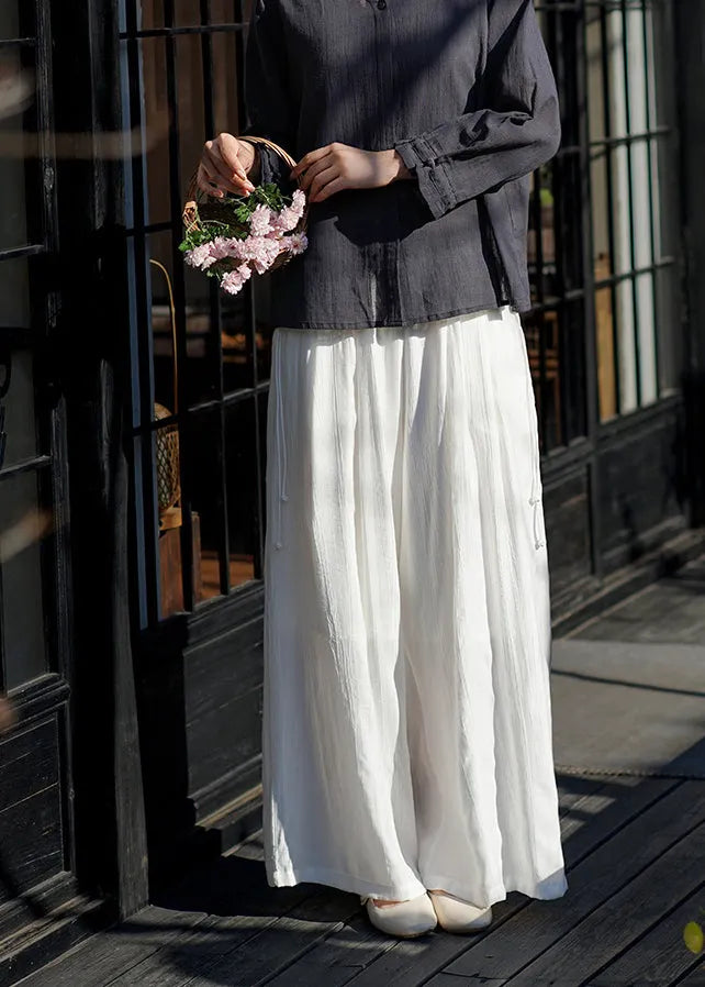 Simple White Elastic Waist Cotton Wide Leg Pants Summer