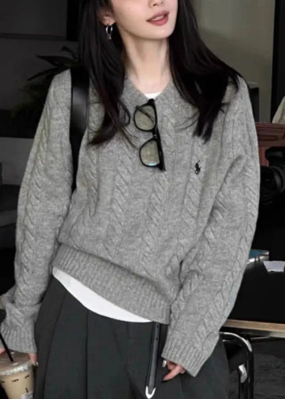 French Camel O Neck Embroidered Knit Sweaters Tops Spring