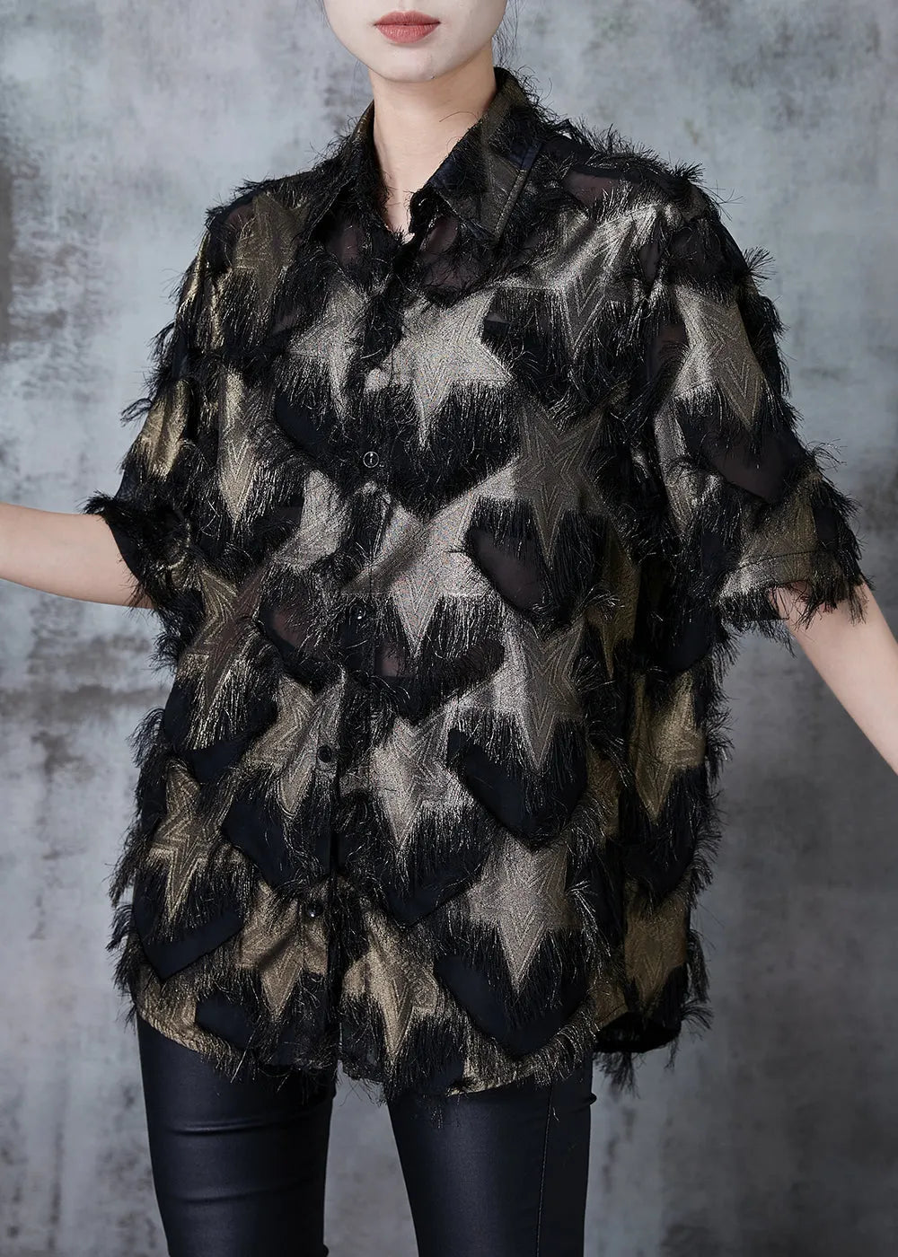 Brown Hollow Out Chiffon Blouse Tops Tasseled Summer