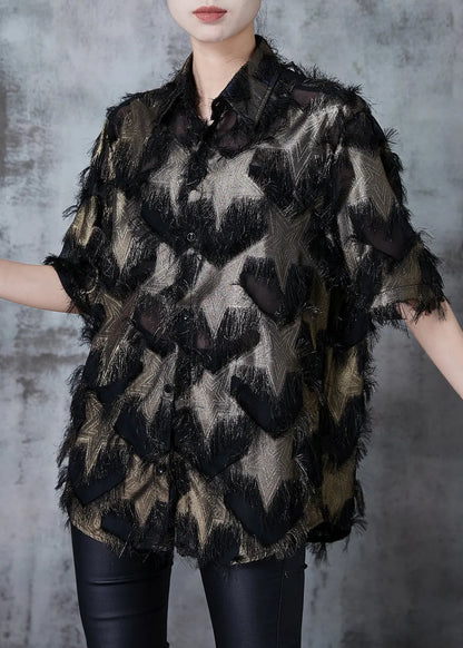 Brown Hollow Out Chiffon Blouse Tops Tasseled Summer