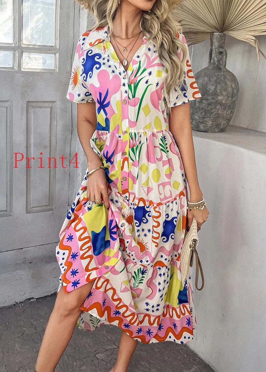 V Neck Print Patchwork Cotton Dresses Summer