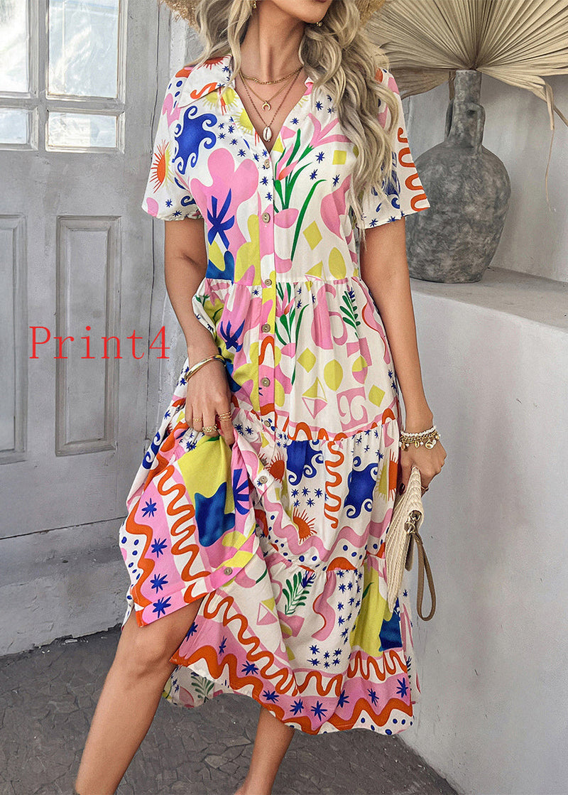 V Neck Print Patchwork Cotton Dresses Summer