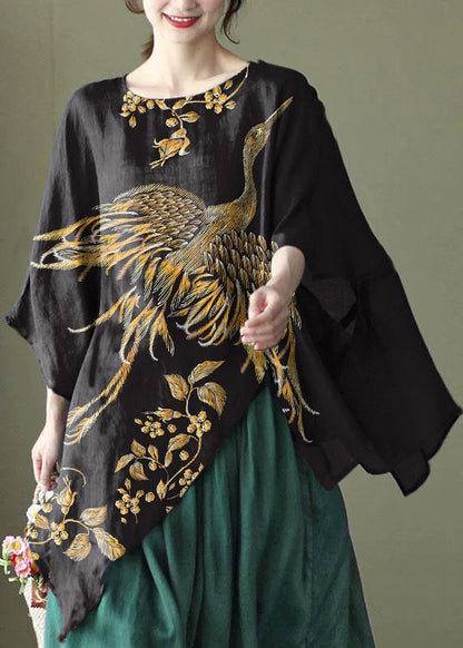 Art Yellow Text Asymmetrical Design Embroidered Summer Ramie Shirt Tops