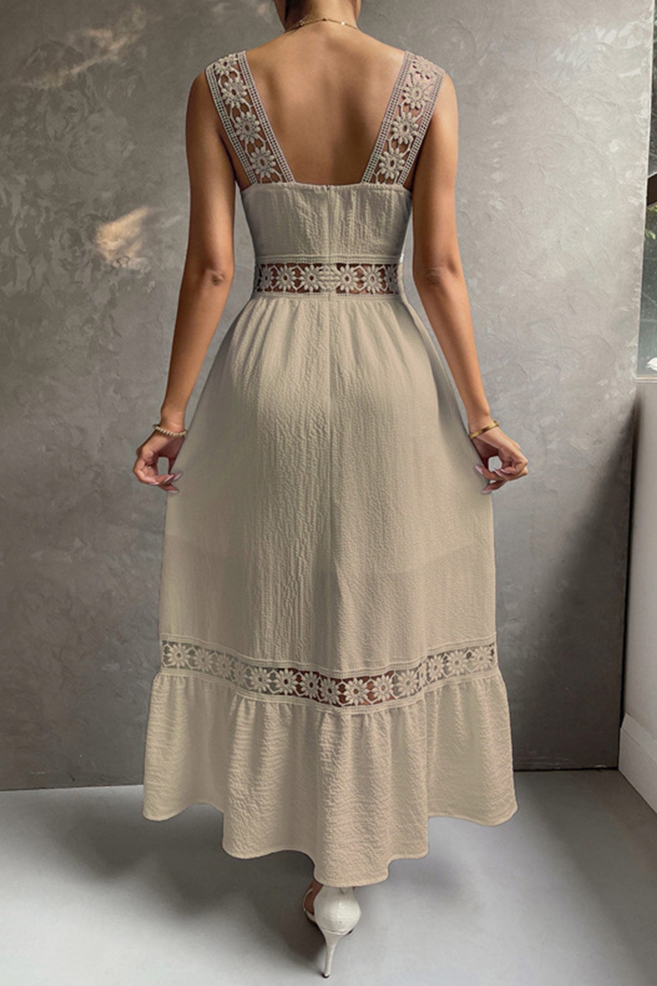 Jacquard Hollow Out Tiered Midi Dress