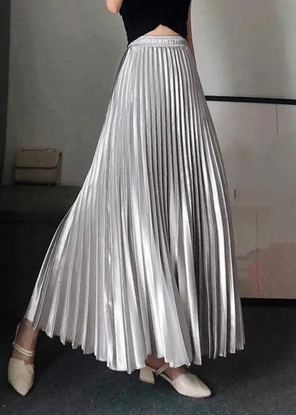Modern Gold Elastic Waist Wrinkled Satin Maxi Skirt
