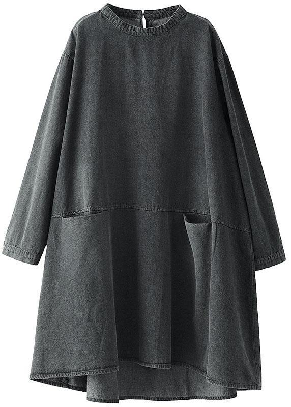 Black Grey-yellow Flower O-neck Pockets Denim Long Dresses Long Sleeve