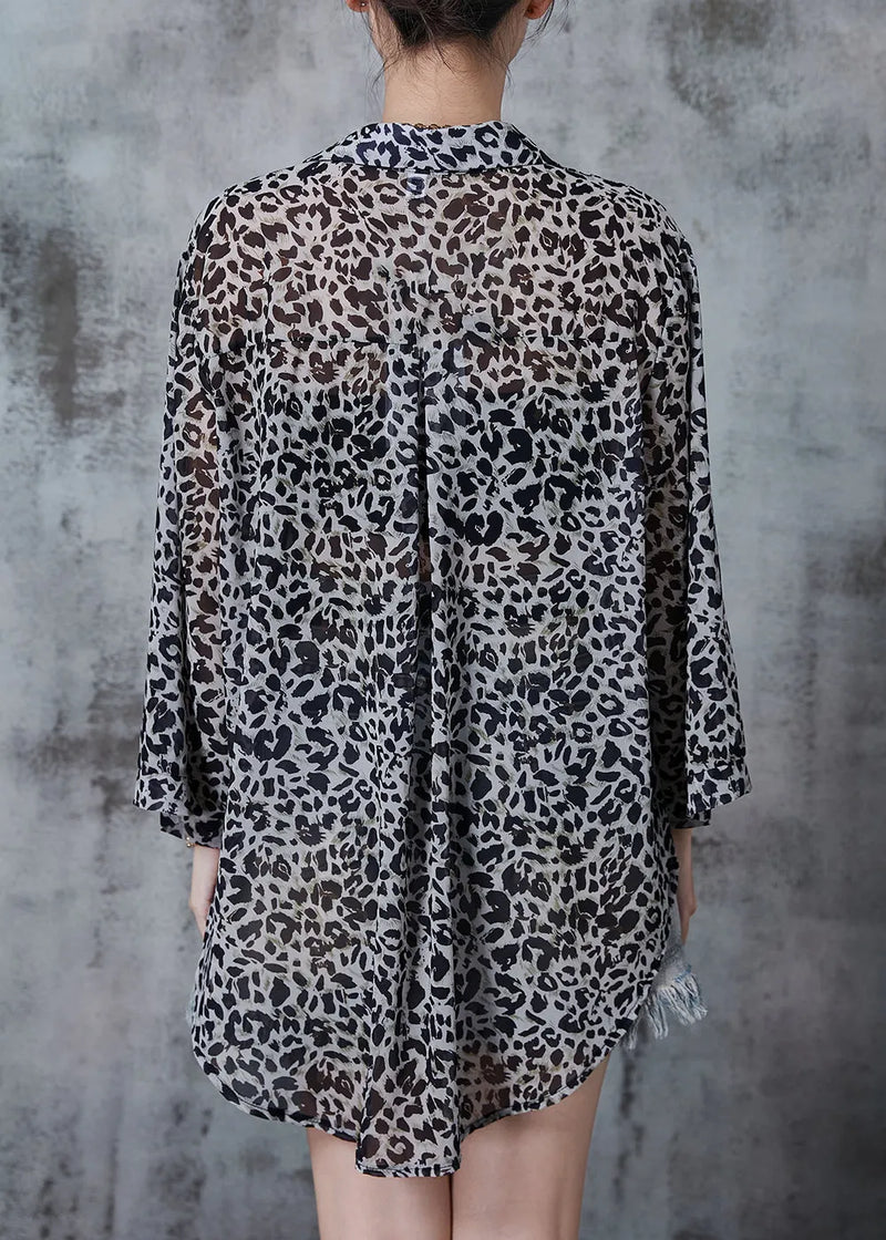 Grey Oversized Leopard Print Chiffon Shirt Top Fall