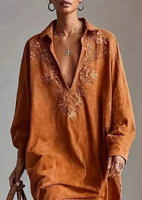 Caramel Peter Pan Collar Embroidered Faux Suede Shirts Dress Spring