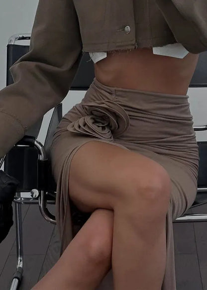 Khaki Side Open Wraped Skirts Spring