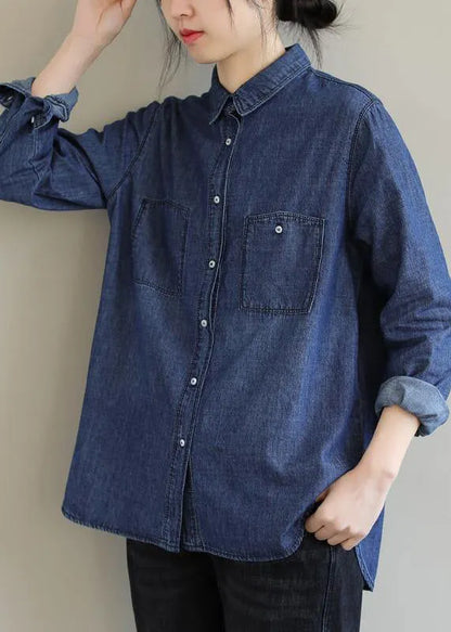 Diy Lapel Pockets Spring Clothes for Pattern Denim Blue Shirt