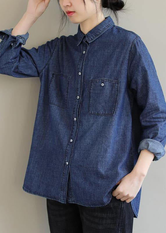 Diy Lapel Pockets Spring Clothes for Pattern Denim Blue Shirt