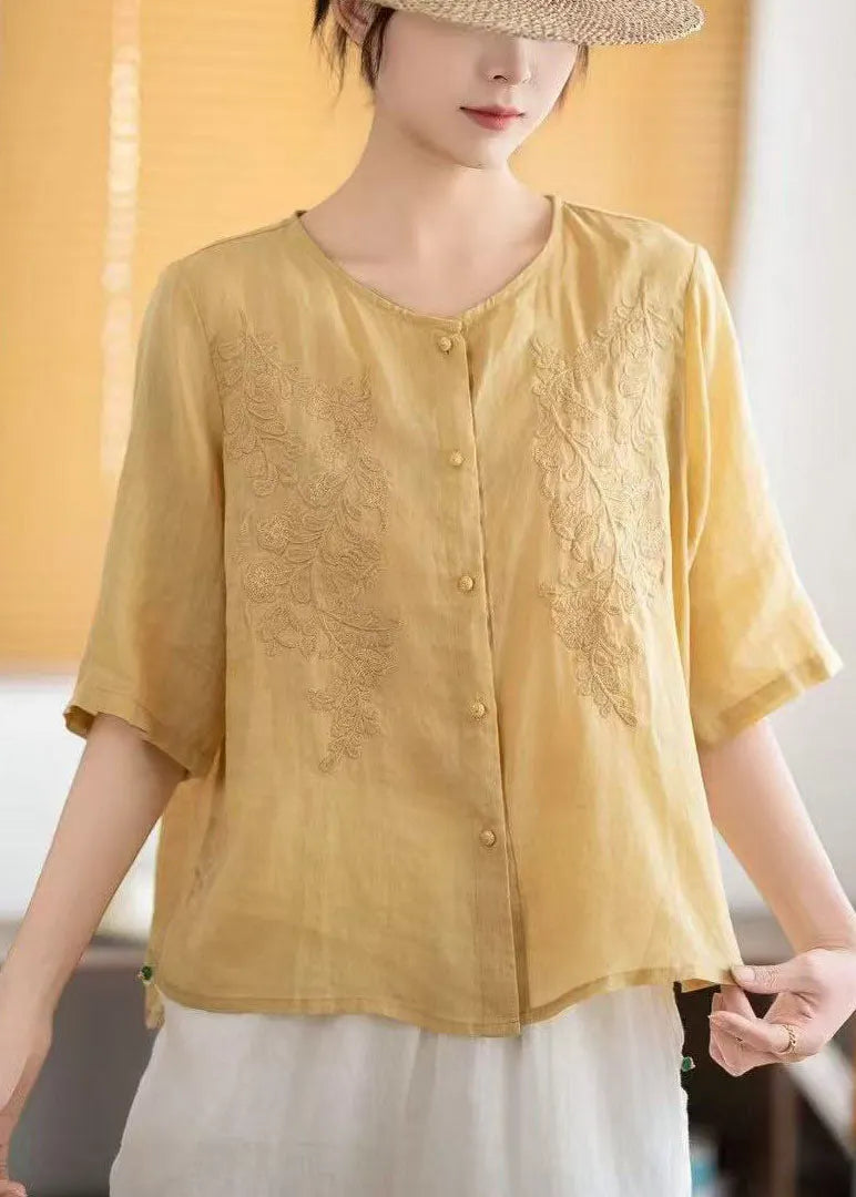 Grey Embroidered Linen Tops Half Sleeve