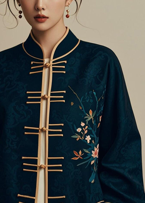 Navy Chinese Button Printsilk Coats Fall