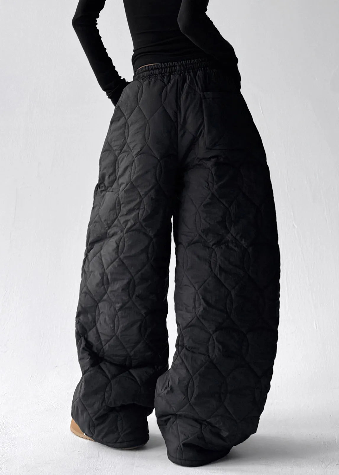 Modern Black Pockets Elastic Waist Cotton Filled Pants Winter