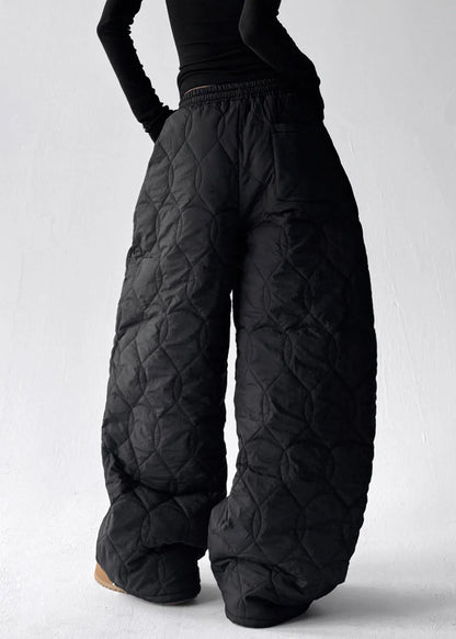 Modern Black Pockets Elastic Waist Cotton Filled Pants Winter