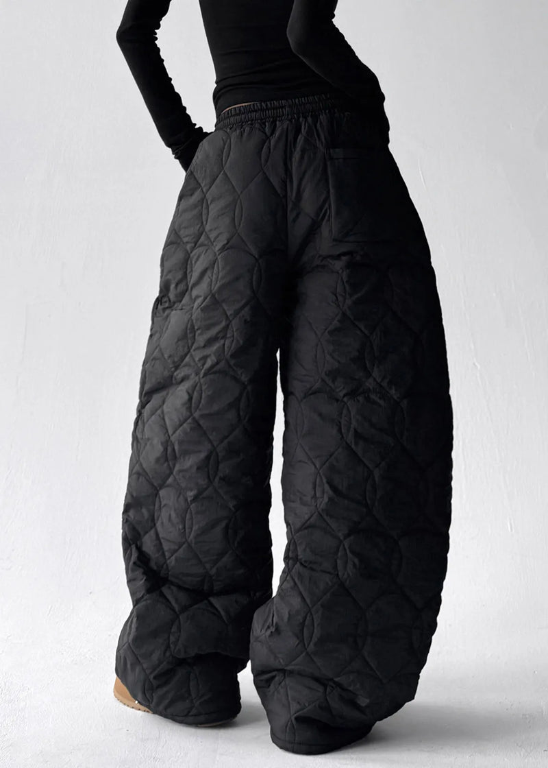 Modern Black Pockets Elastic Waist Cotton Filled Pants Winter