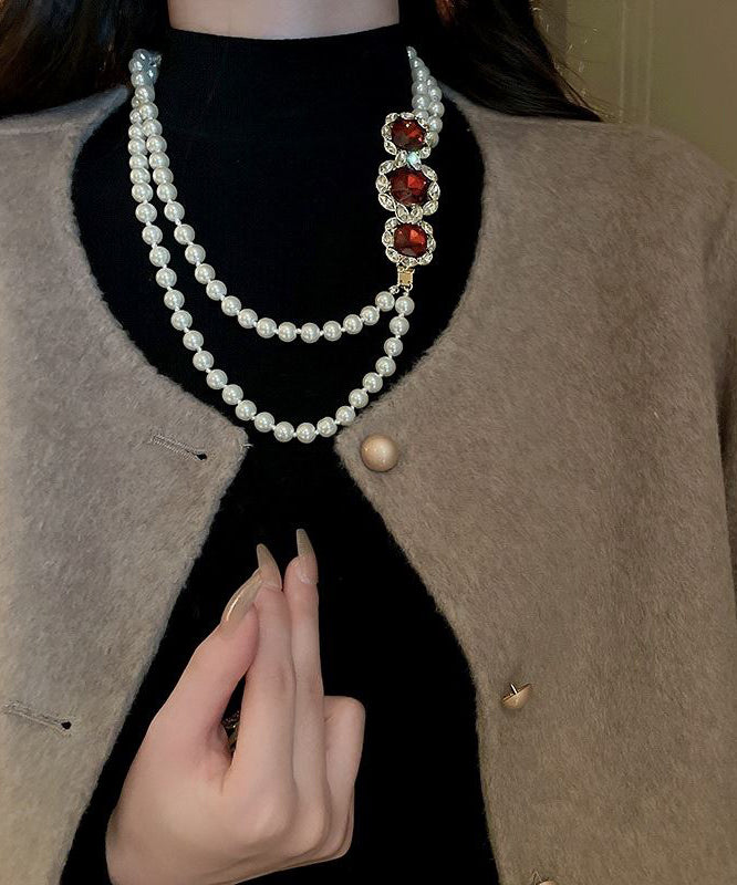 Red Alloy Zircon Bilayer Pearl Gratuated Bead Necklace