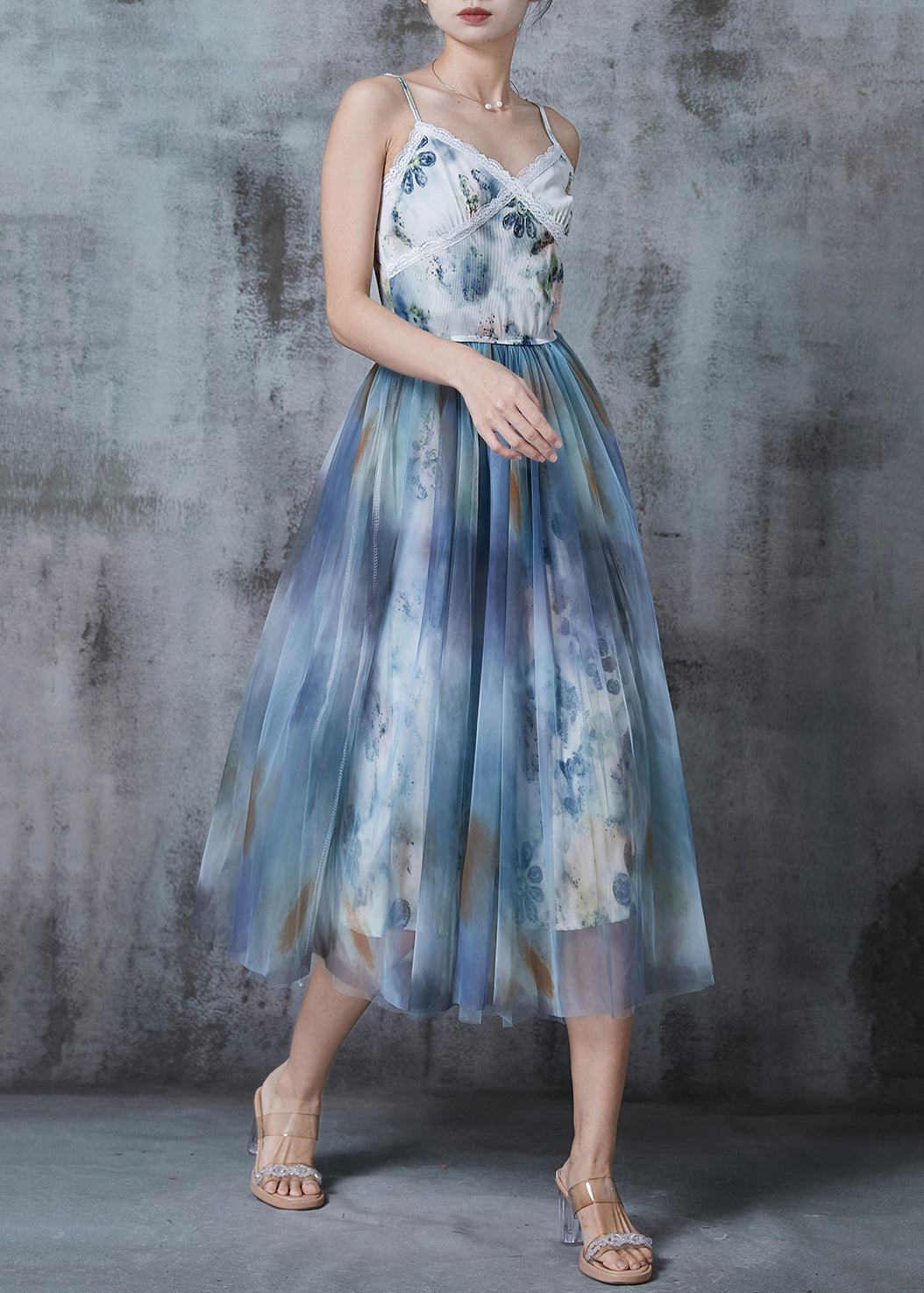 Blue Tie Dye Exra Large Hem Tulle Cami Dresses Summer